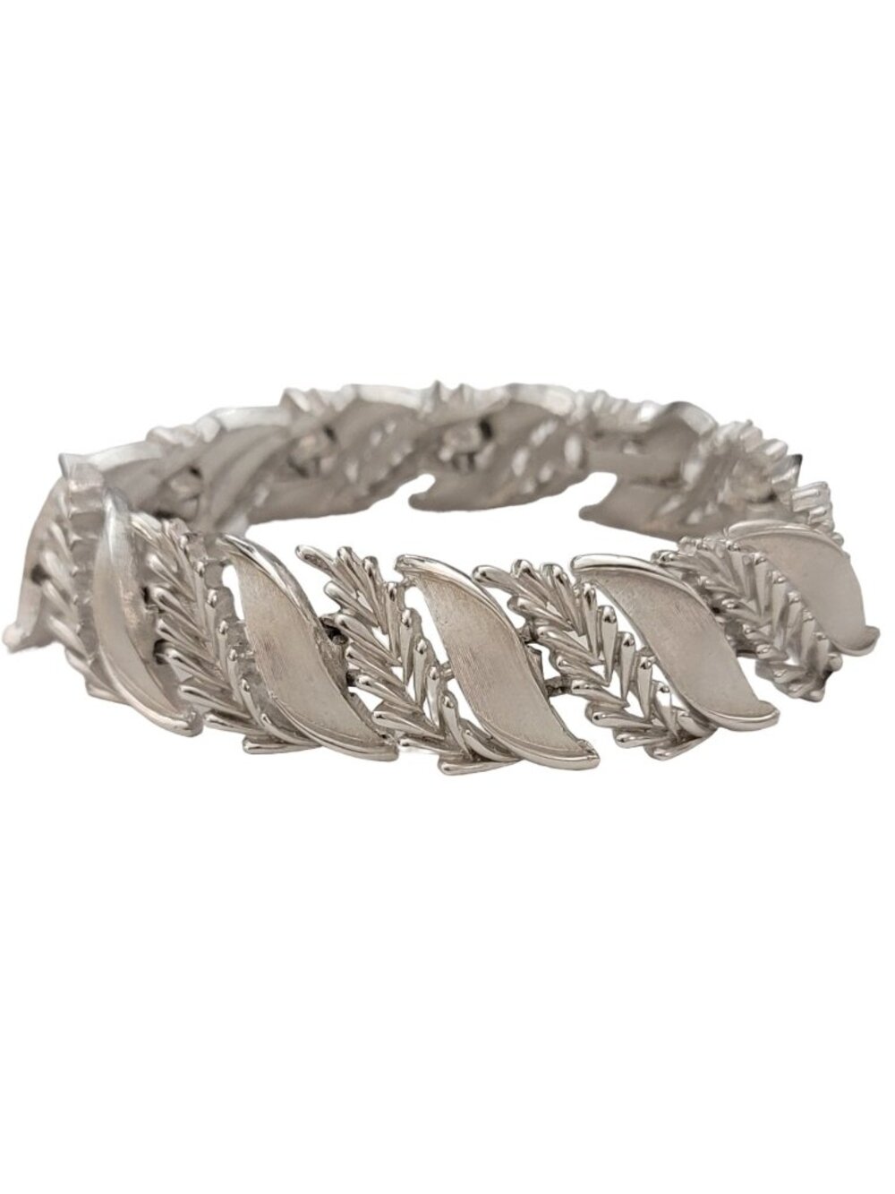 Trifari Crown Over T Vintage Silver Tone Leaf Fern Link Bracelet, Signed K471